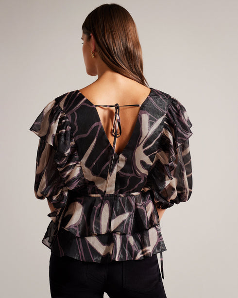 JASMYNA-Tops-Ruffled to perfection and finished with a bow, JASMYNA is your ticket to style heaven. Bottomless brunch? More like your own personal catwalk.The fabric of this product is made of 100% recycled polyester. Using recycled polyester helps divert plastic waste from ending in landfills and helps us to reduce our dependancy on virgin materials. Ruffled top V-neck Abstract print Short sleeved Low back with tie fastening and zip Amy is 5'9.5" / 1.77m and wears Black in a Ted size 1- Ted Baker Romania